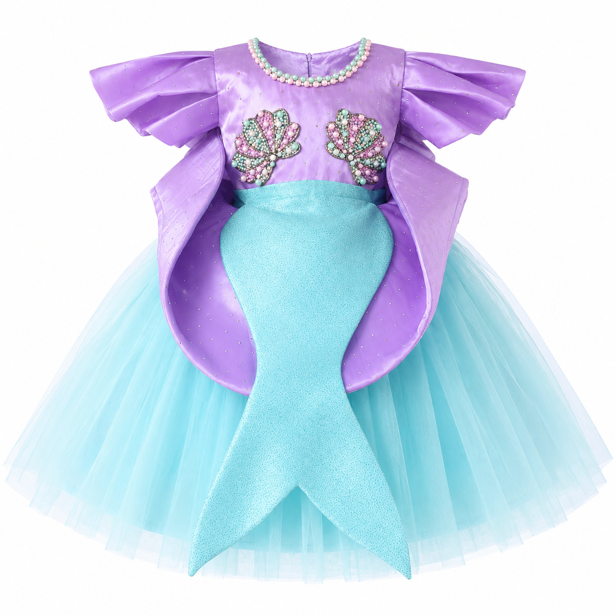 Purple and aqua mermaid-themed party dress for girls with ruffle sleeves, seashell embellishments and tulle tail skirt — Fairy Frills handcrafted princess dress