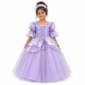 Lavender party gown for girls with puff sleeves, lace-up bodice and full tulle skirt — Fairy Frills handcrafted princess dress