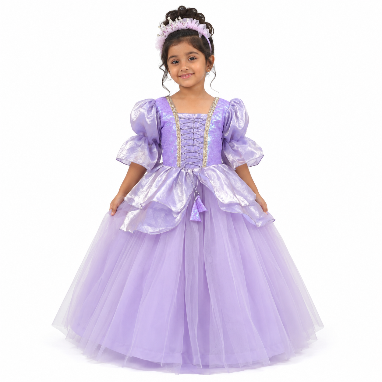 Lavender party gown for girls with puff sleeves, lace-up bodice and full tulle skirt — Fairy Frills handcrafted princess dress