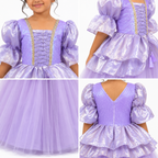 Collage of a purple princess dress with puffed sleeves and layered skirt.