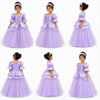 Collage of a girl wearing a purple dress from multiple angles.