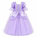 Lavender princess dress with gold accents.