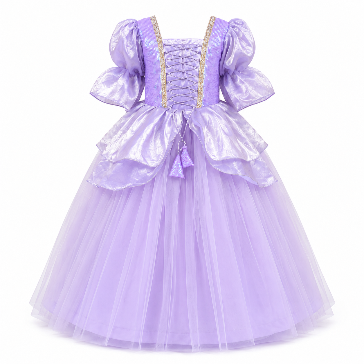 Lavender princess dress with gold accents.