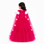 Pink floor-length gown for girls with tulle cape sleeves, white floral applique and full skirt — Fairy Frills handcrafted princess dress
