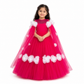 Pink floor-length gown for girls with tulle cape sleeves, white floral applique and full skirt — Fairy Frills handcrafted princess dress