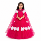 Pink floor-length gown for girls with tulle cape sleeves, white floral applique and full skirt — Fairy Frills handcrafted princess dress