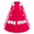 Pink floor-length gown for girls with tulle cape sleeves, white floral applique and full skirt — Fairy Frills handcrafted princess dress