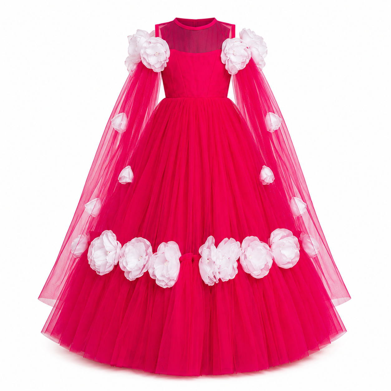 Pink floor-length gown for girls with tulle cape sleeves, white floral applique and full skirt — Fairy Frills handcrafted princess dress