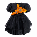 Black organza party dress for girls with puff sleeves, orange sunflower applique and layered skirt — Fairy Frills handcrafted princess dress