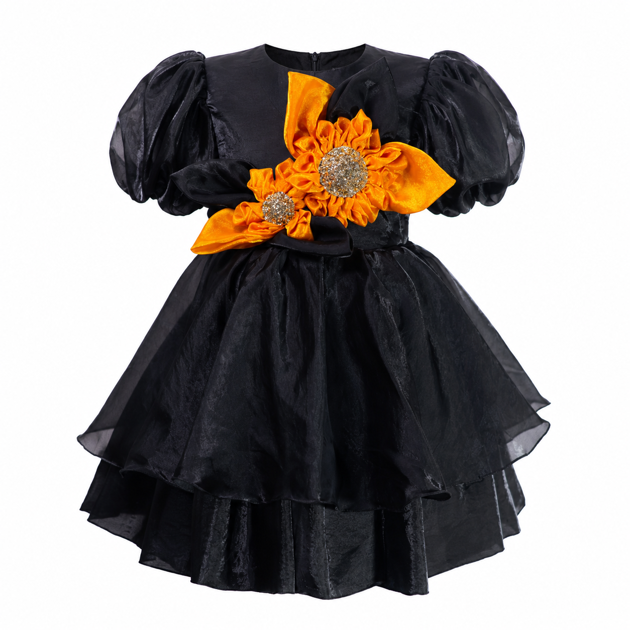 Black organza party dress for girls with puff sleeves, orange sunflower applique and layered skirt — Fairy Frills handcrafted princess dress