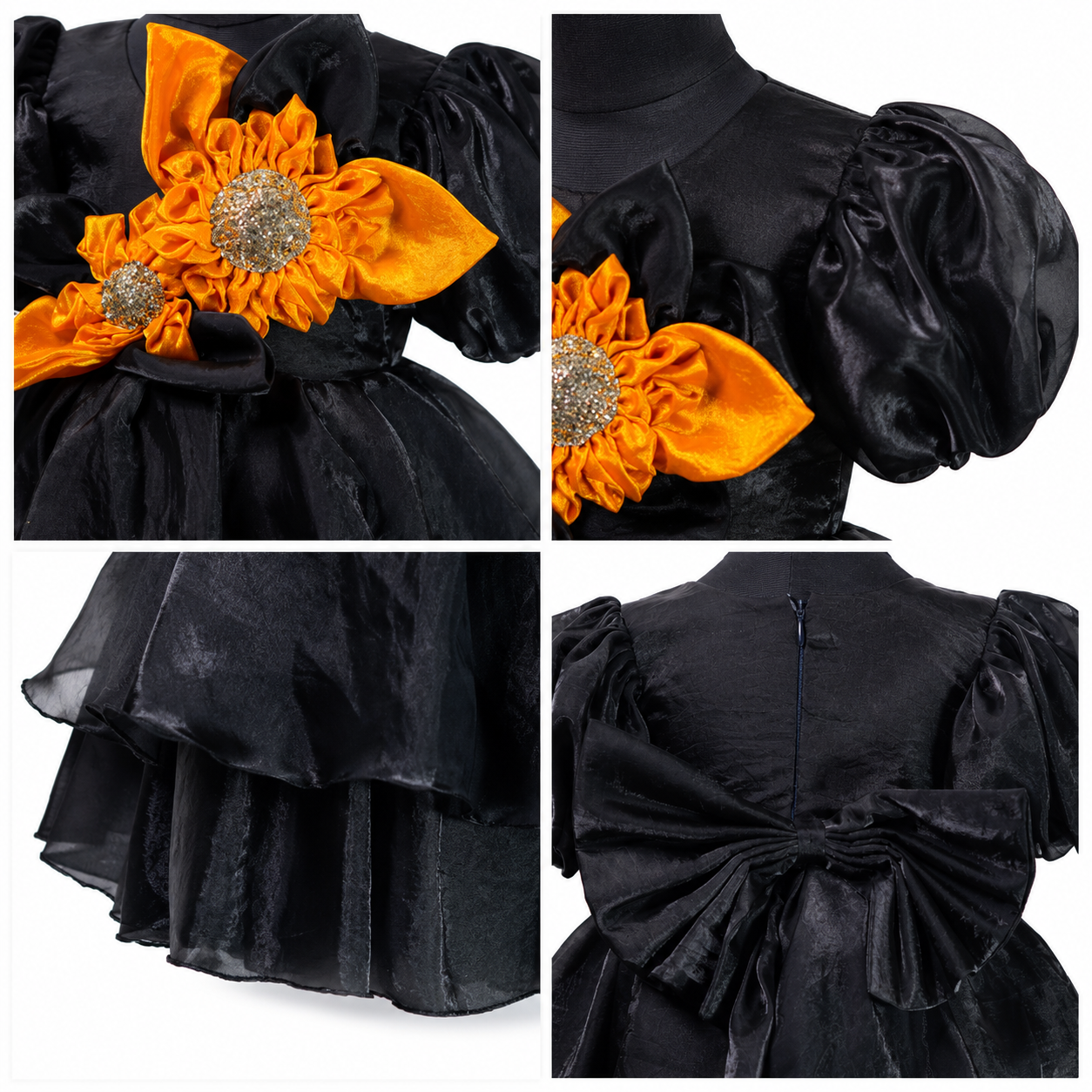 Black organza party dress for girls with puff sleeves, orange sunflower applique and layered skirt — Fairy Frills handcrafted princess dress