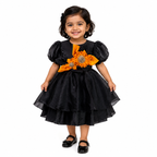 Black organza party dress for girls with puff sleeves, orange sunflower applique and layered skirt — Fairy Frills handcrafted princess dress