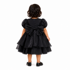 Black organza party dress for girls with puff sleeves, orange sunflower applique and layered skirt — Fairy Frills handcrafted princess dress