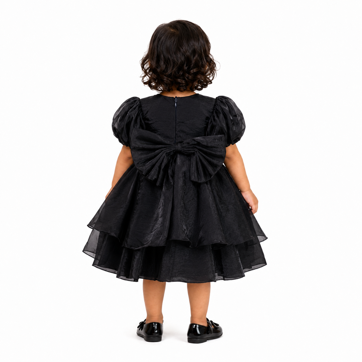Black organza party dress for girls with puff sleeves, orange sunflower applique and layered skirt — Fairy Frills handcrafted princess dress