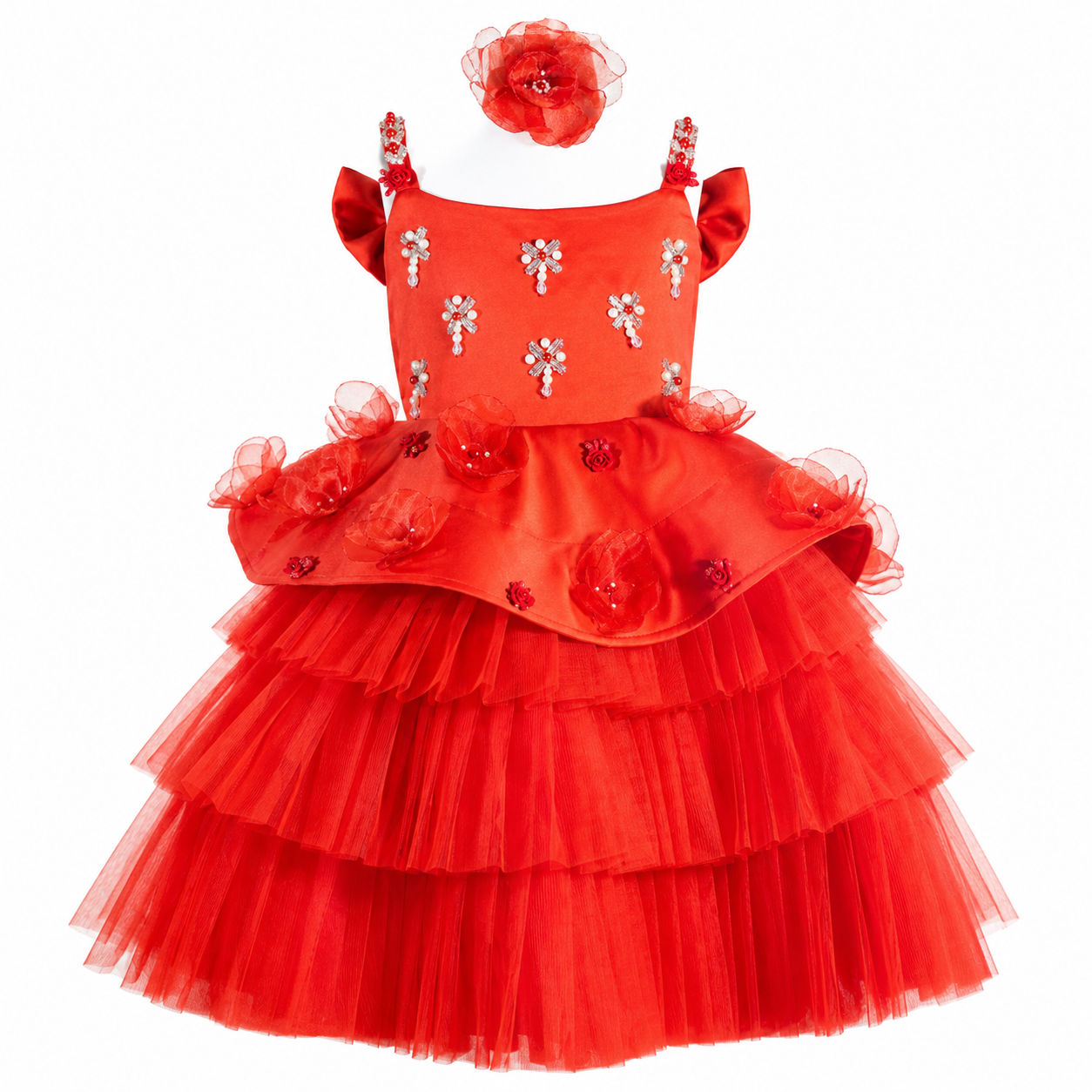 Scarlet Blossom Sparkle party dress for girls with embellished bodice, floral applique peplum and tiered tulle skirt — Fairy Frills handcrafted princess dress