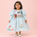 Blue organza party dress for girls with puff sleeves, embroidered woodland animals and butterfly motifs — Fairy Frills handcrafted princess dress