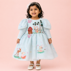 Blue organza party dress for girls with puff sleeves, embroidered woodland animals and butterfly motifs — Fairy Frills handcrafted princess dress