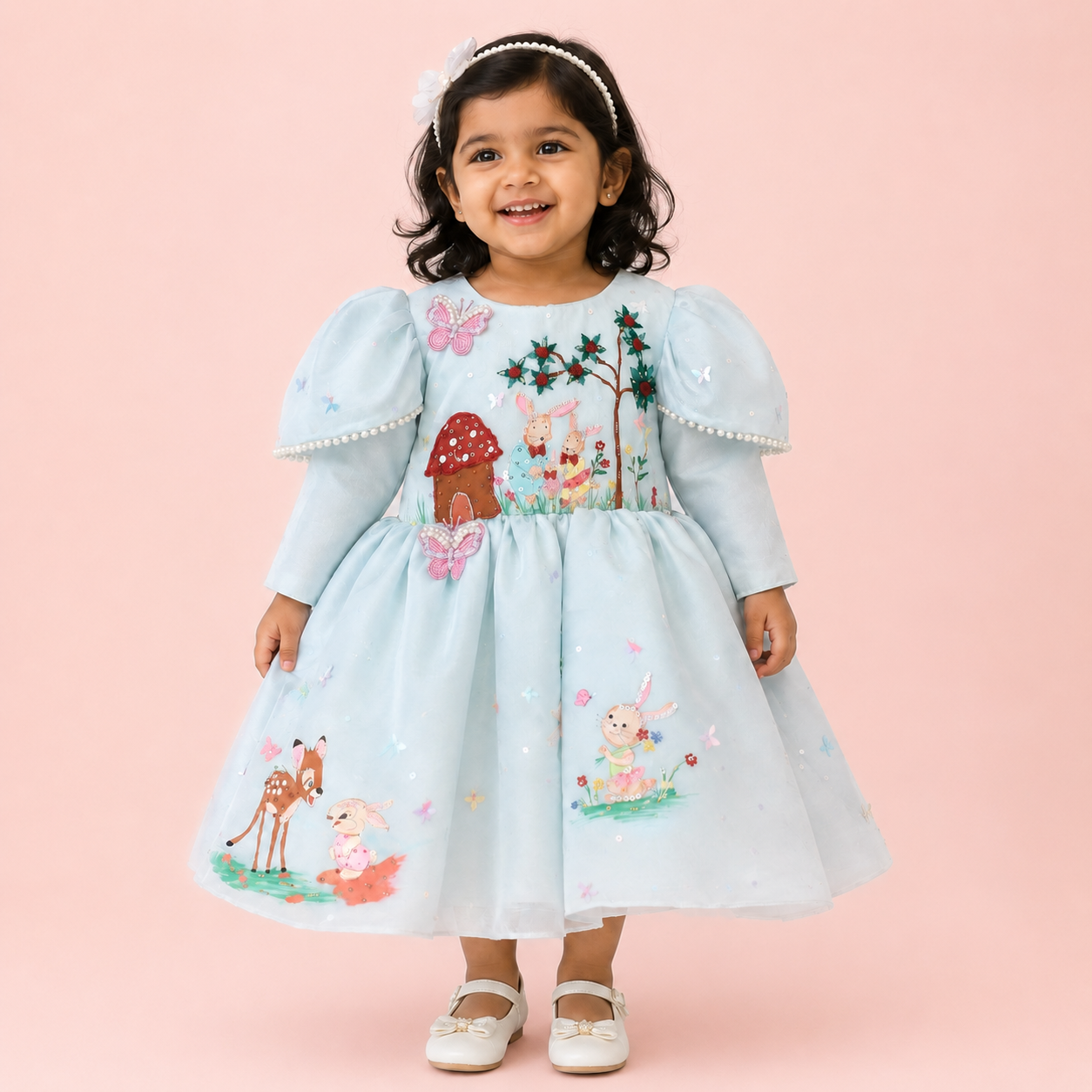 Blue organza party dress for girls with puff sleeves, embroidered woodland animals and butterfly motifs — Fairy Frills handcrafted princess dress