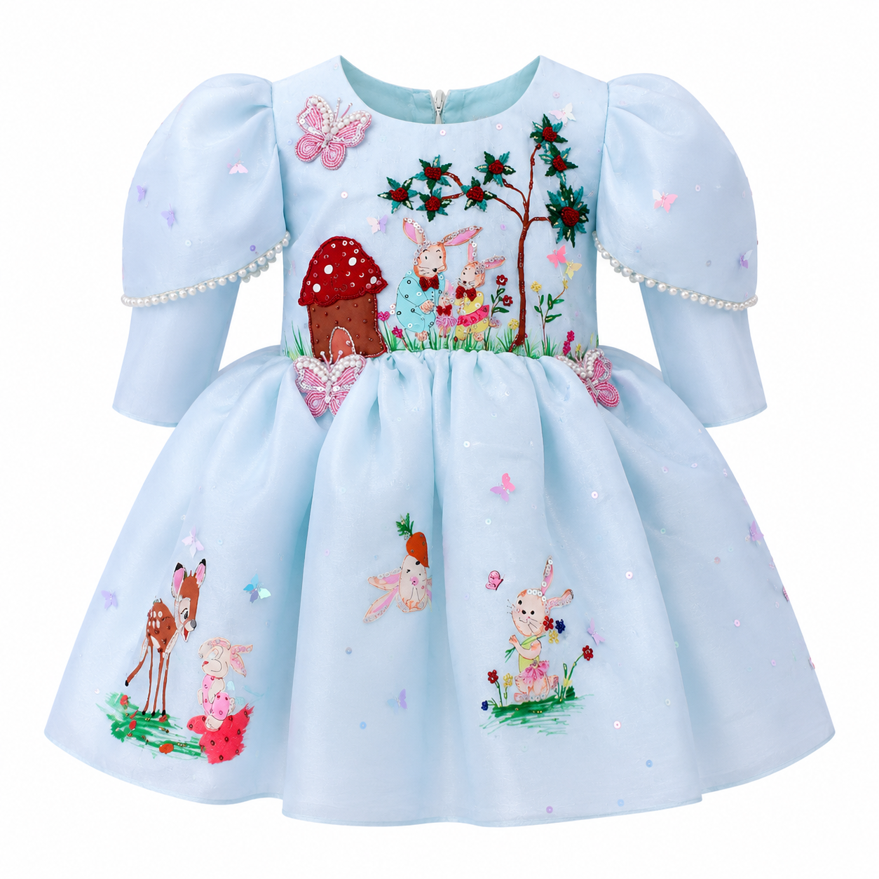 Light blue dress with embroidered fairy tale scene.