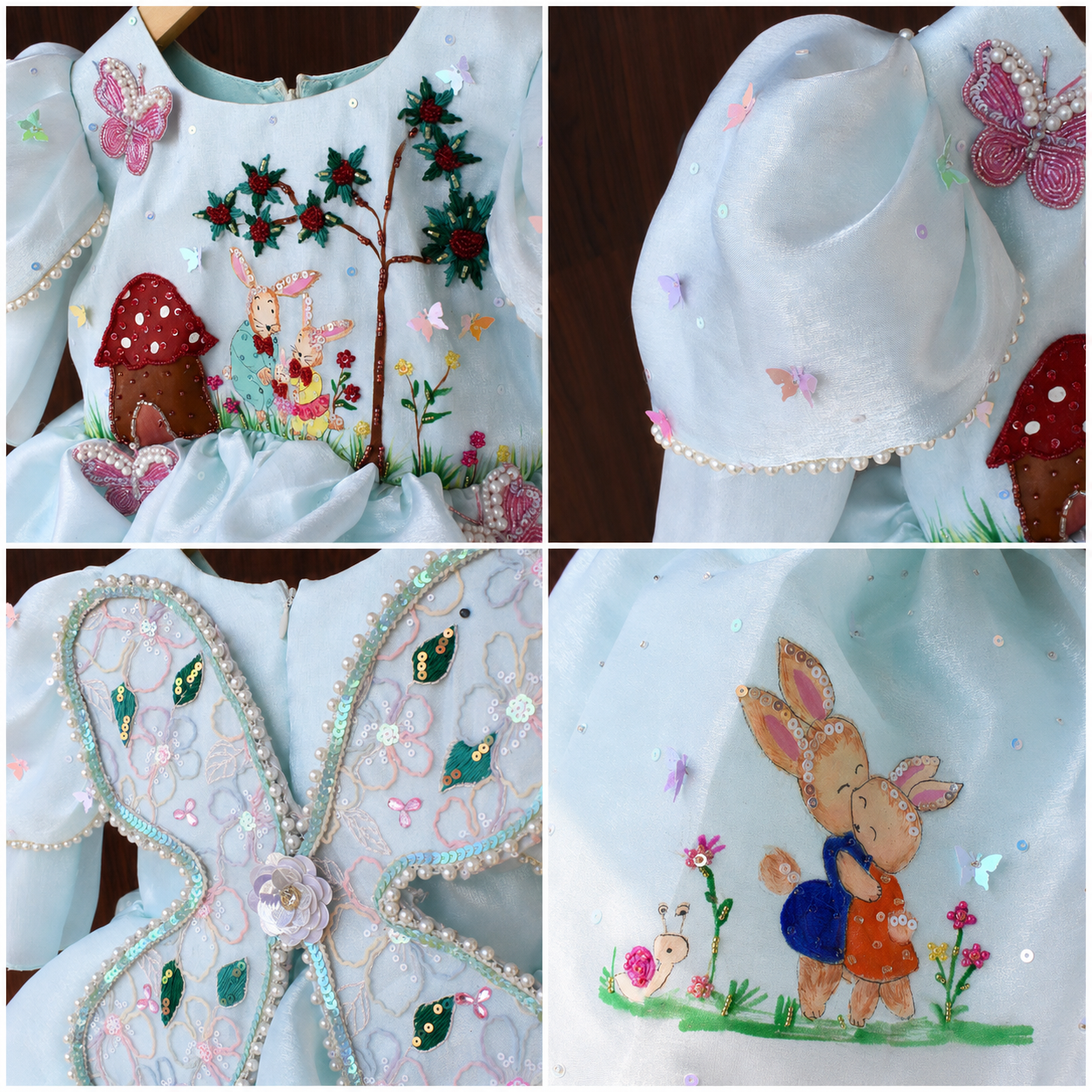 Collage of embroidered designs on fabric with floral patterns, characters, and decorative elements.