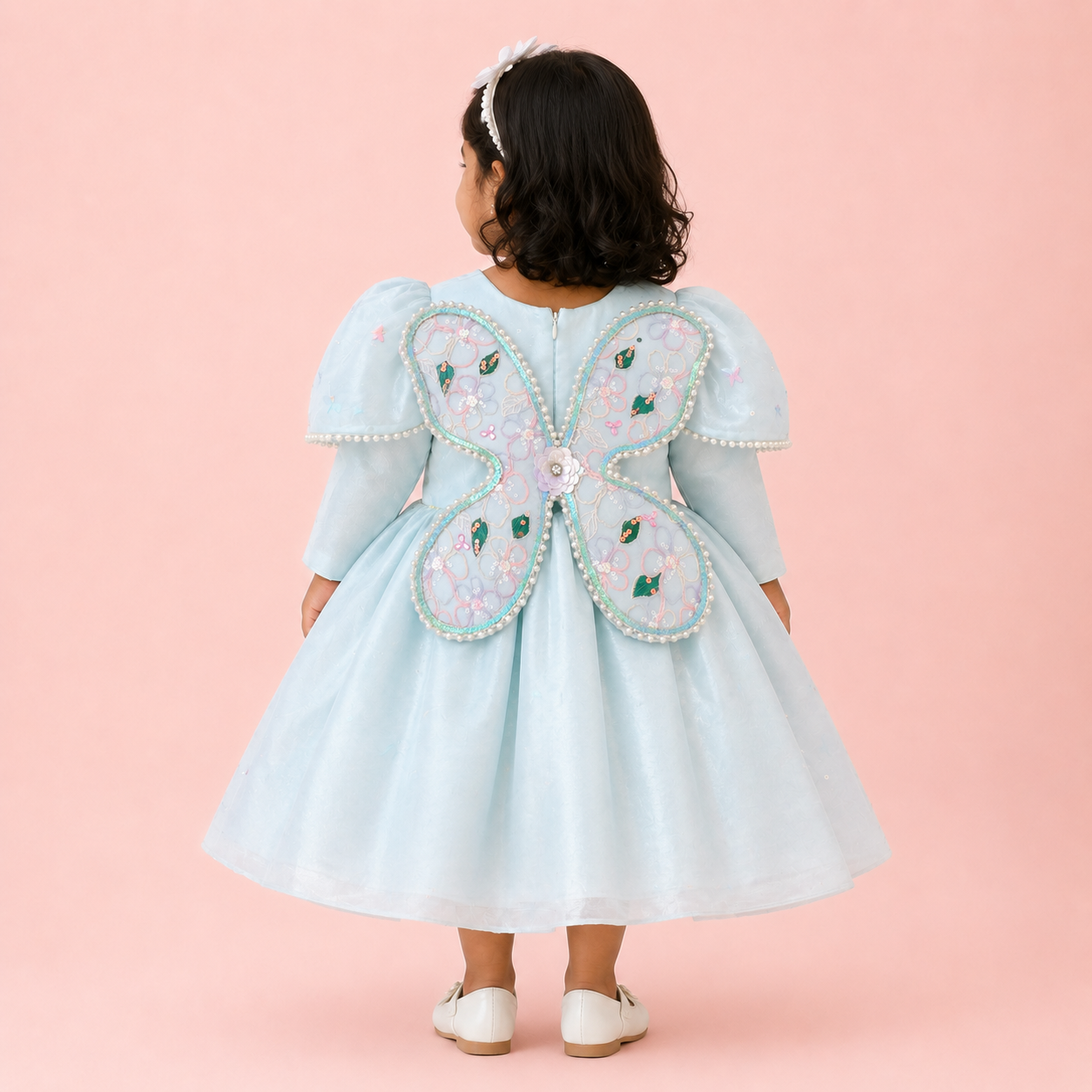 Child wearing a light blue dress with butterfly wings on a pink background
