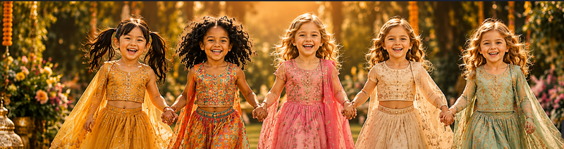 Five young girls in colorful dresses standing together with a blurred floral background