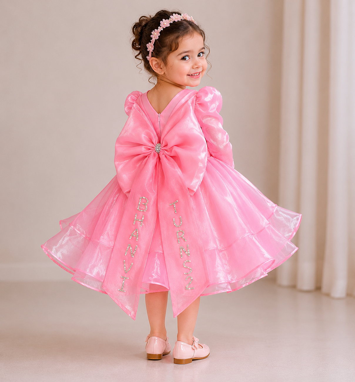 Pink organza party dress for girls with puff sleeves, butterfly embroidery and embellished waist — Fairy Frills handcrafted princess dress