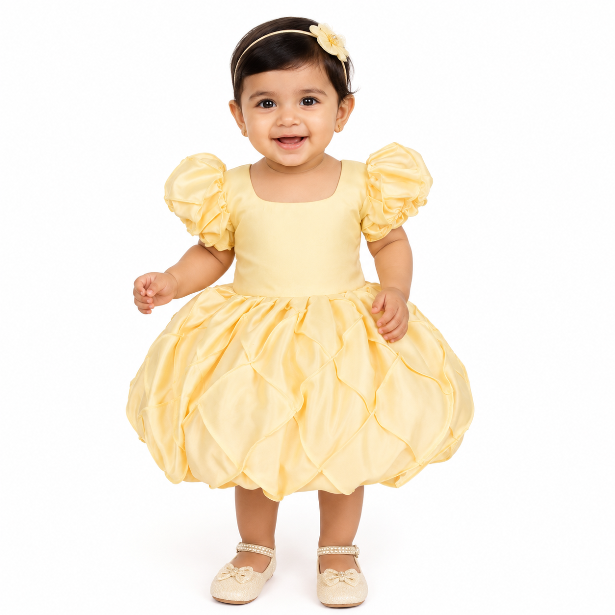 Golden Petal Satin Party Dress