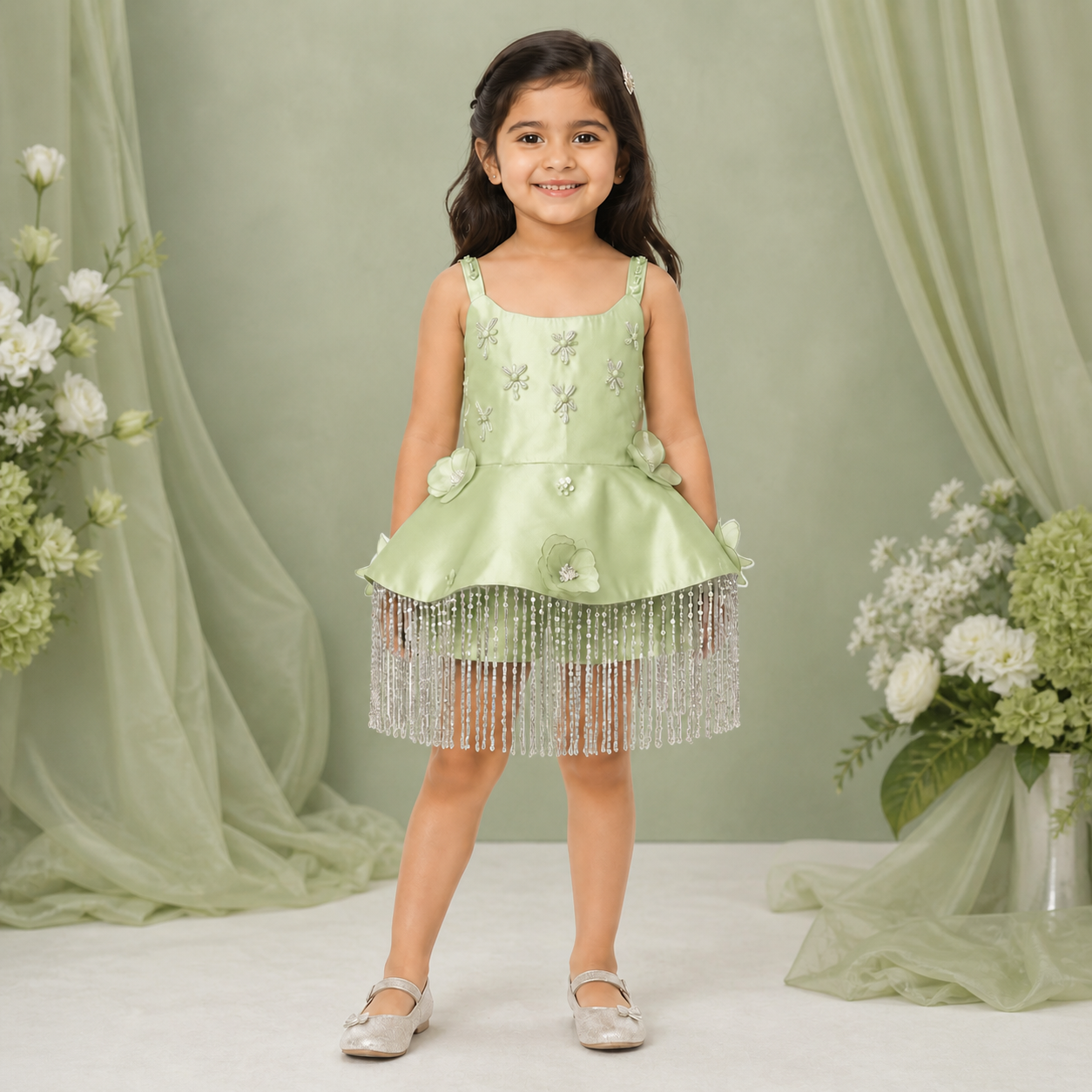 Sage Green Floral Fringe Dress - view 3