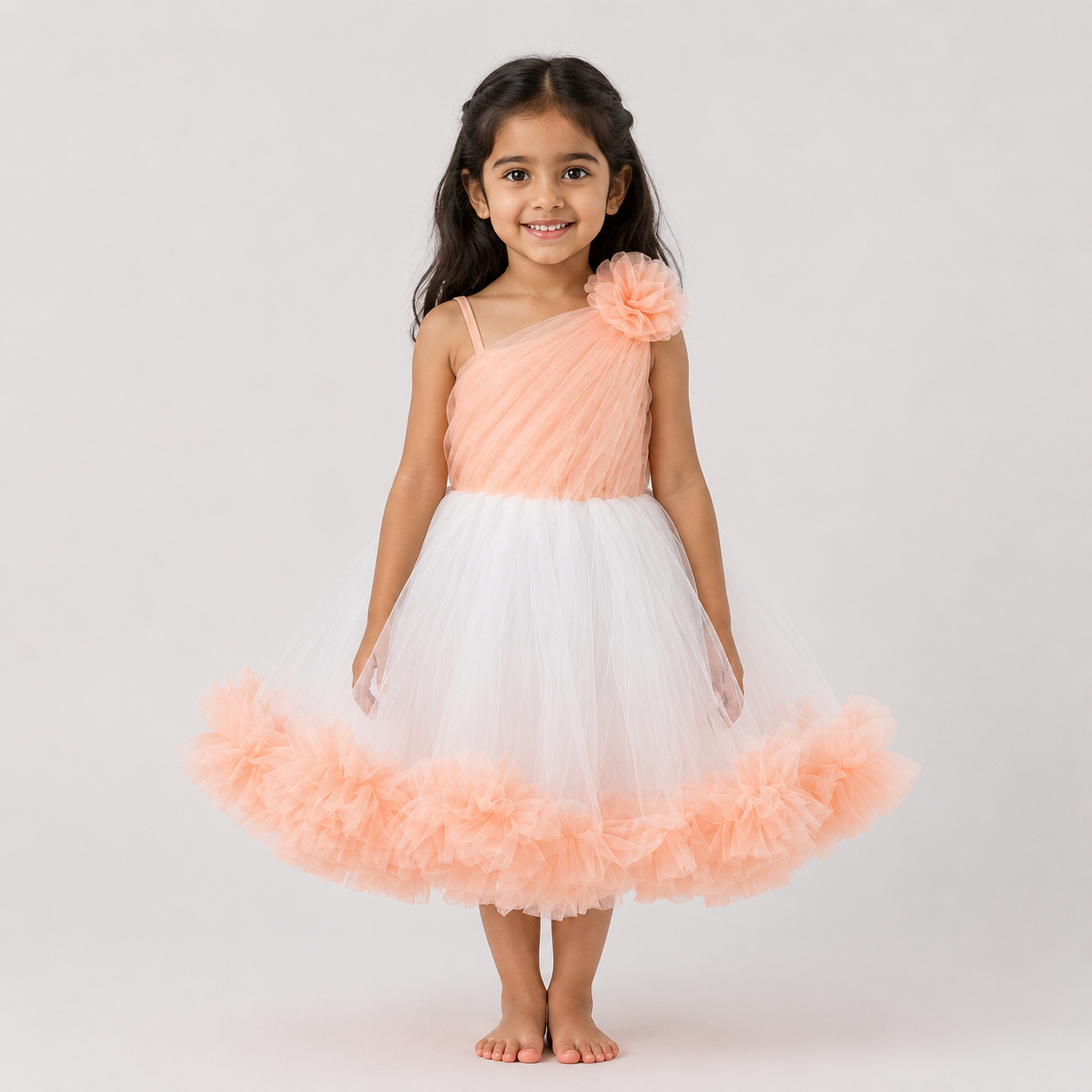 Peach White One Shoulder Tulle Dress