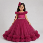 Maroon Off Shoulder Ruffle Gown