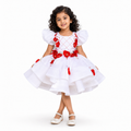 White organza party dress for girls with puff sleeves, red 3D floral applique and layered skirt — Fairy Frills handcrafted princess dress - view 3