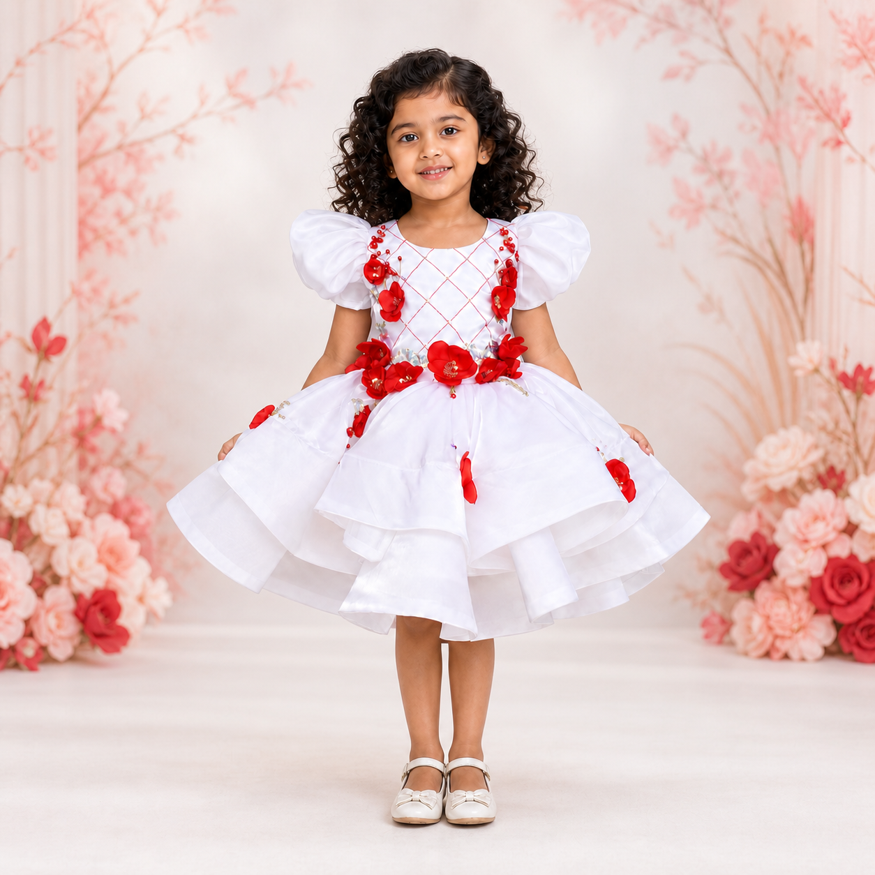 White And Red Floral Dress - view 5