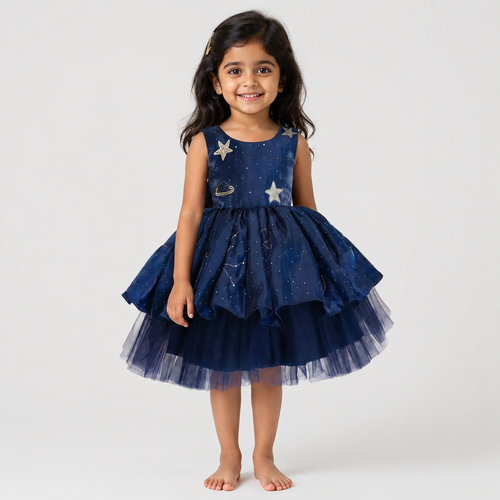 Blue Interstellar Space Theme Dress for girls with celestial star and planet embroidery and layered tulle skirt — Fairy Frills handcrafted princess dress