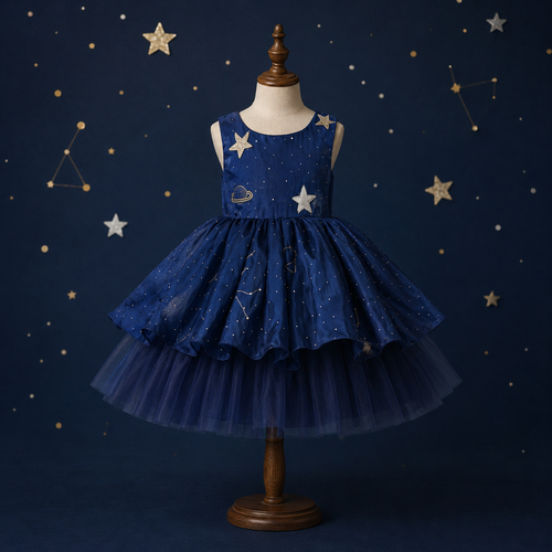 Blue Interstellar Space Theme Dress for girls with celestial star and planet embroidery and layered tulle skirt — Fairy Frills handcrafted princess dress - view 2