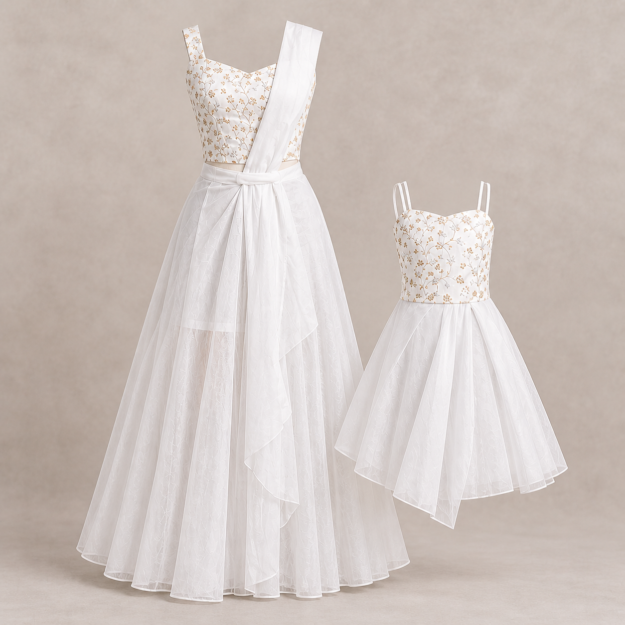 White Gold Embroidered Mother-Daughter Dress - view 2
