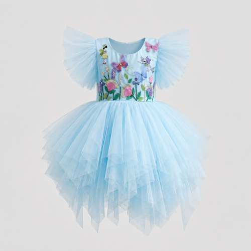 Blue tulle party dress for girls with floral embroidery, ruffled sleeves and asymmetric high-low skirt — Fairy Frills handcrafted princess dress