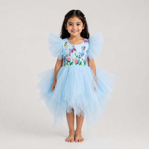 Blue tulle party dress for girls with floral embroidery, ruffled sleeves and asymmetric high-low skirt — Fairy Frills handcrafted princess dress