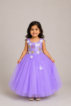 Lavender floor-length gown for girls with floral applique bodice, butterfly accents and full tulle skirt — Fairy Frills handcrafted princess dress