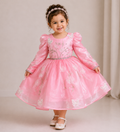 Pink organza party dress for girls with puff sleeves, butterfly embroidery and embellished waist — Fairy Frills handcrafted princess dress