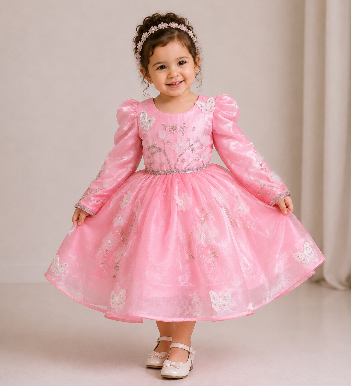 Pink organza party dress for girls with puff sleeves, butterfly embroidery and embellished waist — Fairy Frills handcrafted princess dress