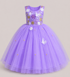 Lavender floor-length gown for girls with floral applique bodice, butterfly accents and full tulle skirt — Fairy Frills handcrafted princess dress
