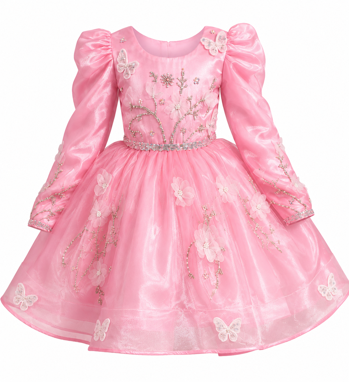 Pink organza party dress for girls with puff sleeves, butterfly embroidery and embellished waist — Fairy Frills handcrafted princess dress